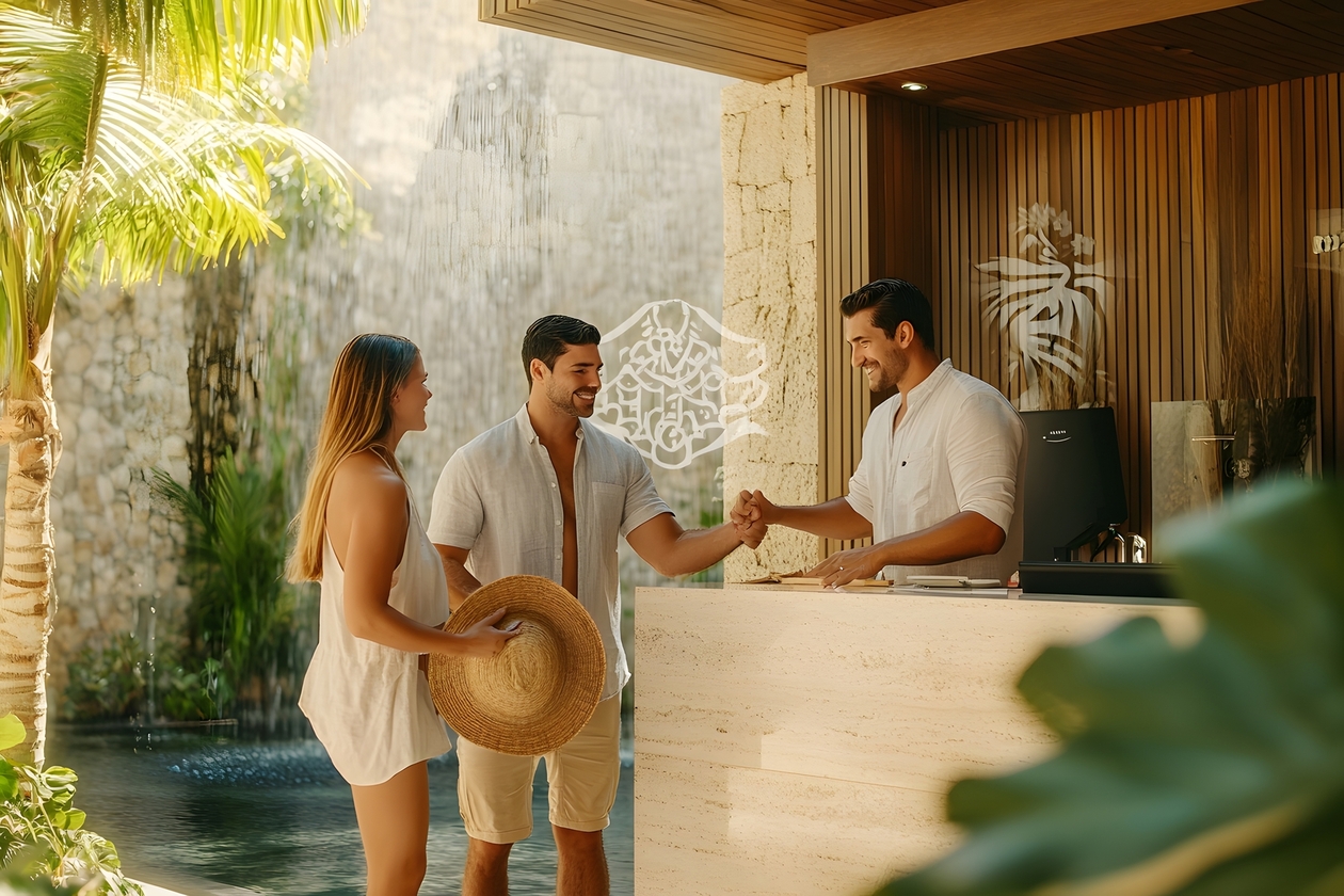 couple checking into luxury resort