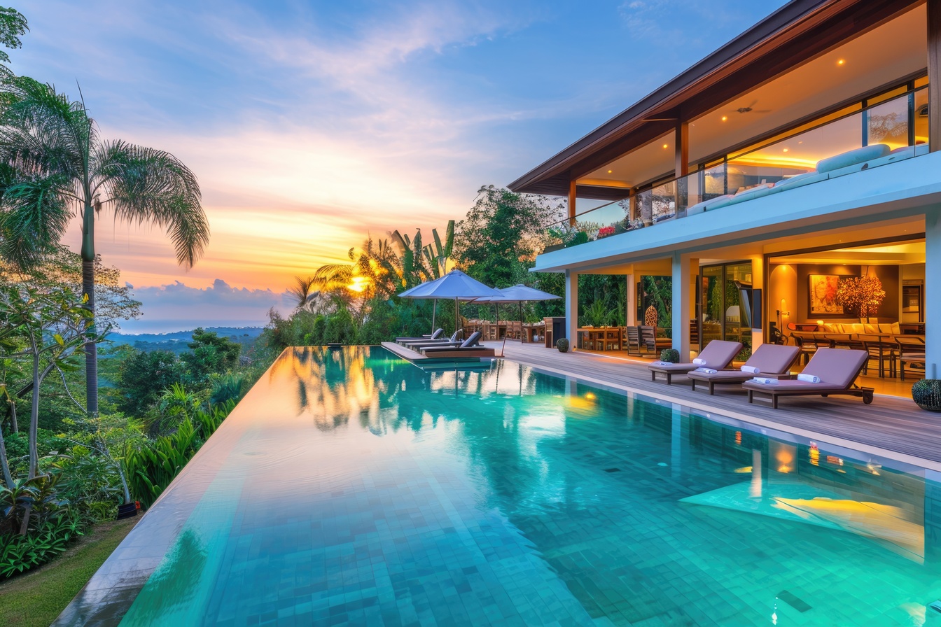 Luxury Villa Retreat at Sunset with Pool, Garden, and Open Living Space