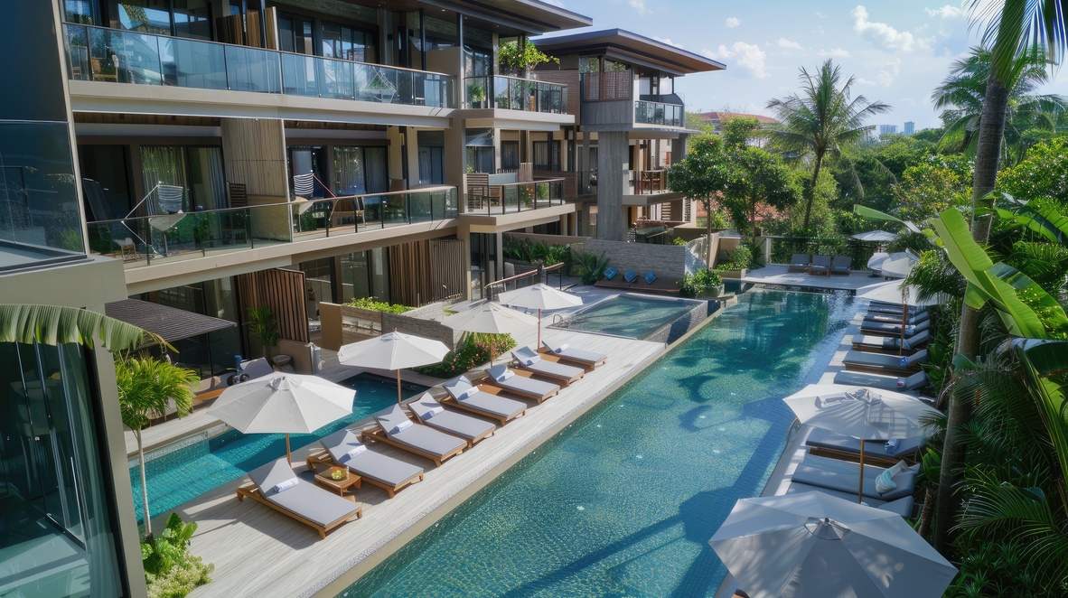a seven floor residence, boasting a pool and kid's club, alongside a luxurious lounge, all infused with the exotic charm of Arabic Thai architectural style.