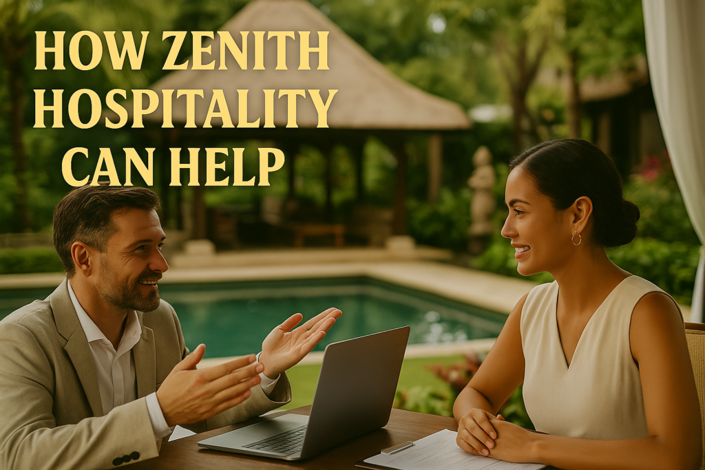 Professional hospitality consultant reviewing F&B strategy documents with a Bali resort manager, symbolizing expert operational support by Zenith Hospitality.