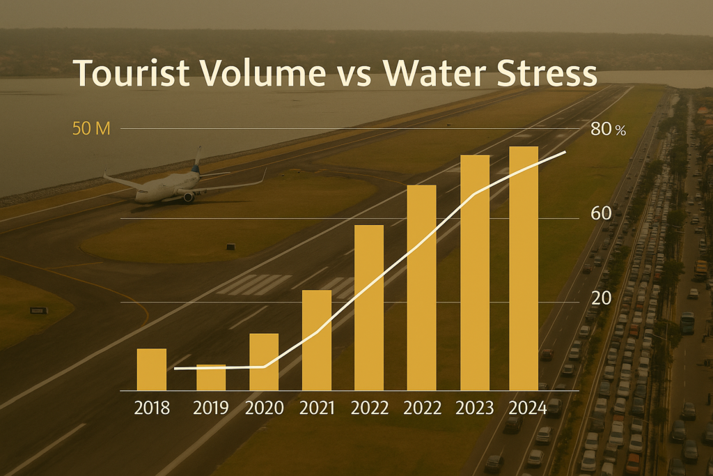Chart showing overcrowding in Bali tourism arrivals vs water use impact.