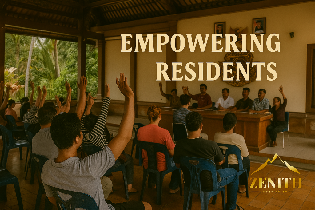 Residents discussing solutions for overcrowding in Bali tourism.