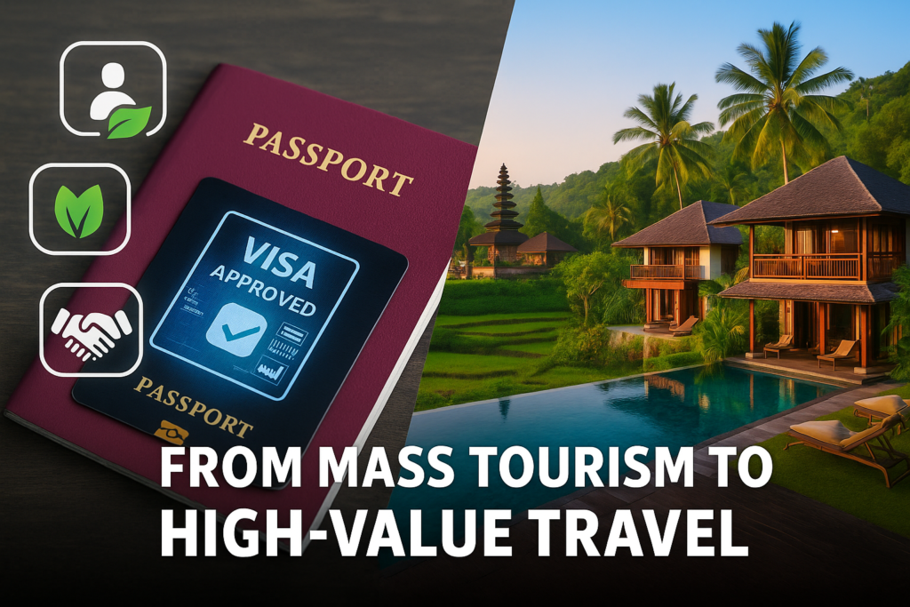 Digital visa approval beside eco-resort in Ubud, highlighting Indonesia’s 2025 tourism policy reforms for sustainable high-value travel
