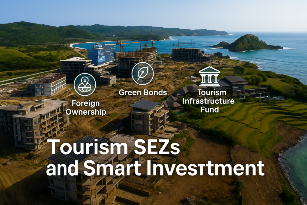 Mandalika SEZ drone view with infrastructure and investment icons showing incentives in Indonesia tourism policy 2025