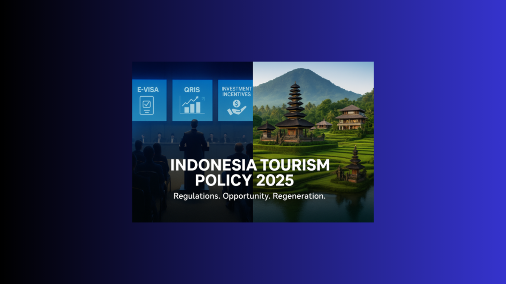 Hero image showing Indonesia’s tourism policy shift in 2025 with digital visa system, QRIS dashboard, and Balinese eco-tourism landscape