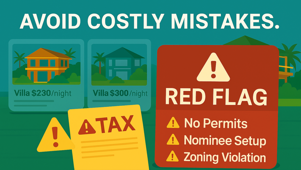 Graphic of legal risks for investors in Bali hospitality, including nominee issues and zoning violations
