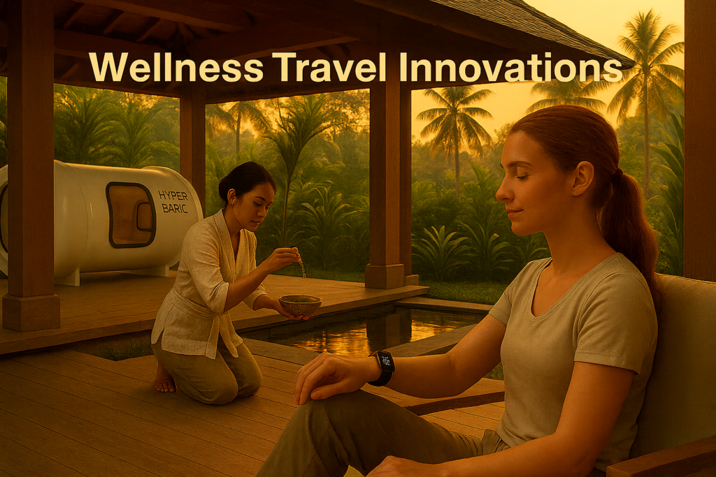 Emerging trends in wellness travel 2025 – biohacking retreat, AI health wearable, nature immersion, Balinese spiritual ceremony.