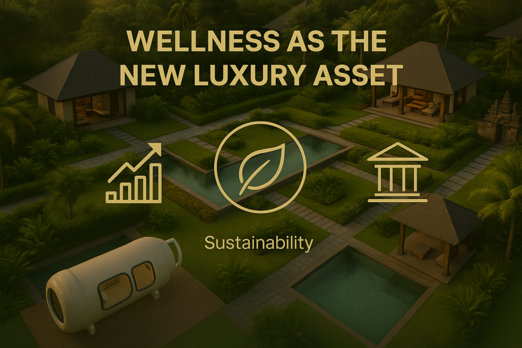 Investor opportunities in Bali wellness tourism – luxury resort aerial view with growth charts, sustainability icon, and cultural heritage symbol.