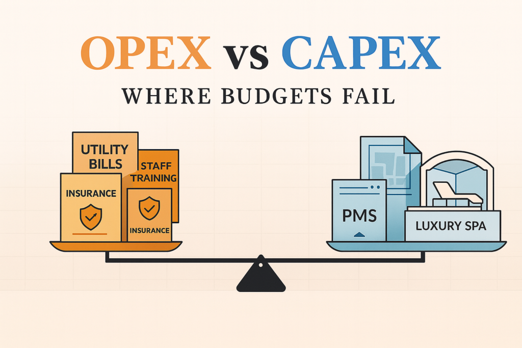 Hotel budget planning scale showing OPEX utilities and insurance versus CAPEX renovations PMS and spa investment
