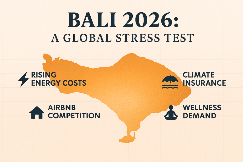 Bali 2026 stress test graphic with rising energy costs climate insurance Airbnb competition and wellness demand