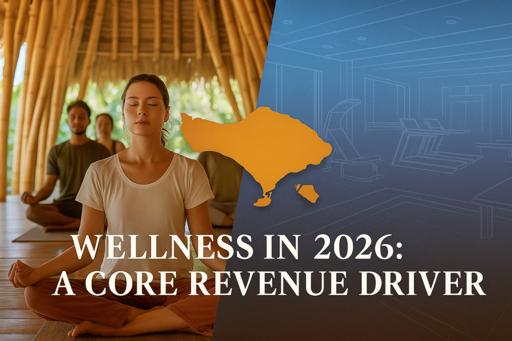 Meditation in bamboo yoga shala alongside blueprint of luxury spa and gym to illustrate wellness budgeting