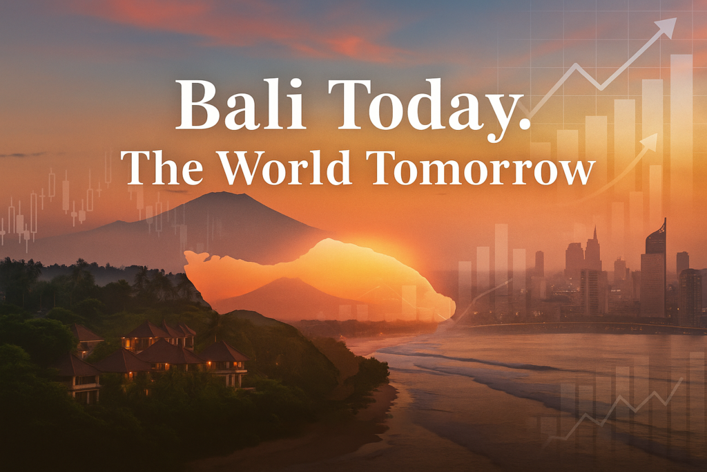 Futuristic Bali skyline with digital hospitality growth charts – global hotel budget outlook