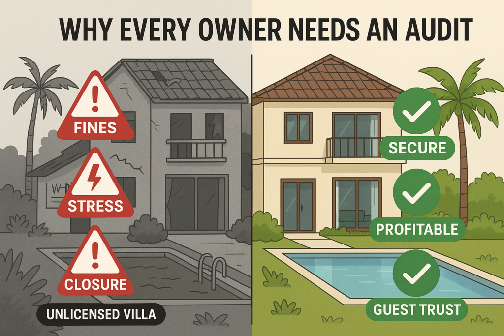 Comparison visual showing why every owner needs a pre-opening handover audit Bali, highlighting risks of unlicensed villas versus benefits of compliance.
