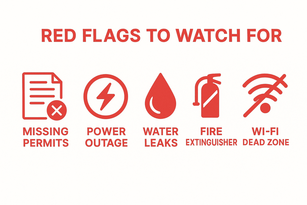 Infographic highlighting common red flags in a pre-opening handover audit Bali, such as missing permits, unsafe systems, and absent documentation.