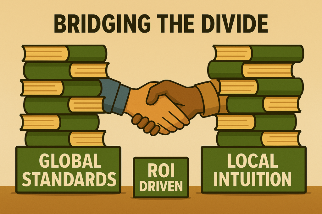 Venn diagram showing how local intuition and global standards combine through hospitality consulting Indonesia.