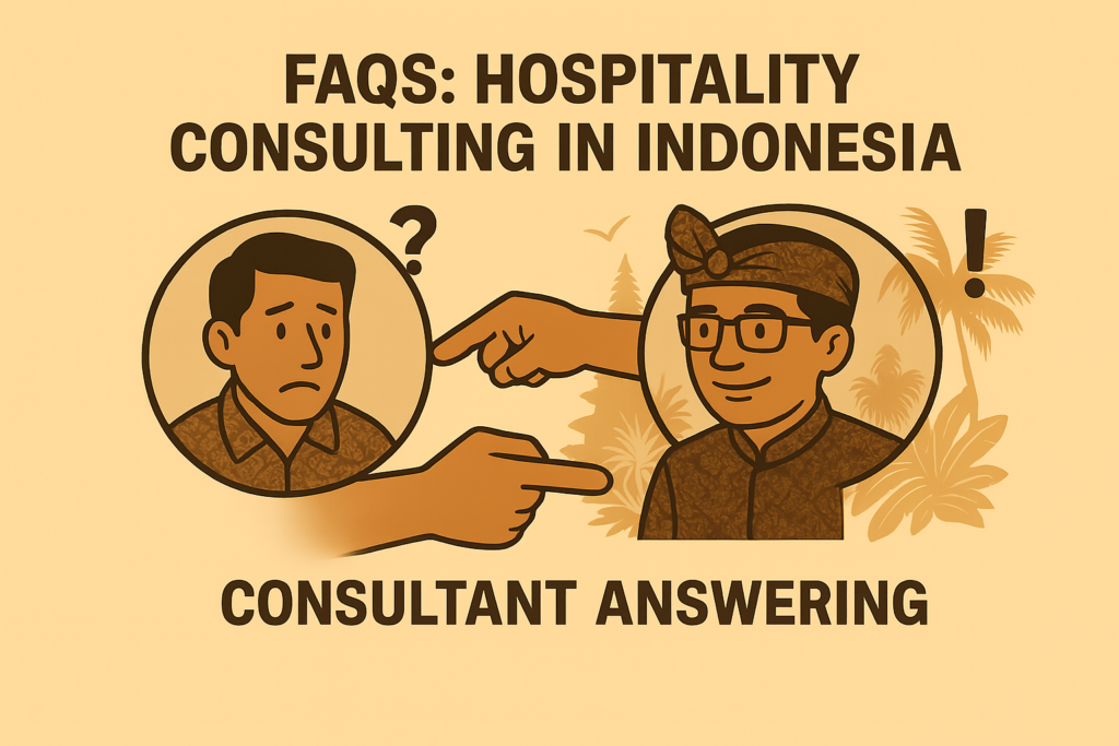 Visual showing consultant answering FAQs about hospitality consulting Indonesia for hotels and villas.