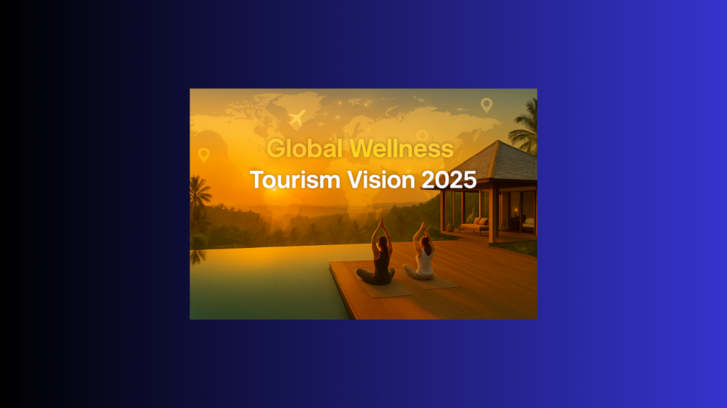 Luxury wellness retreat in Bali at sunrise with infinity pool, yoga session, and panoramic tropical valley view – future of wellness tourism 2025