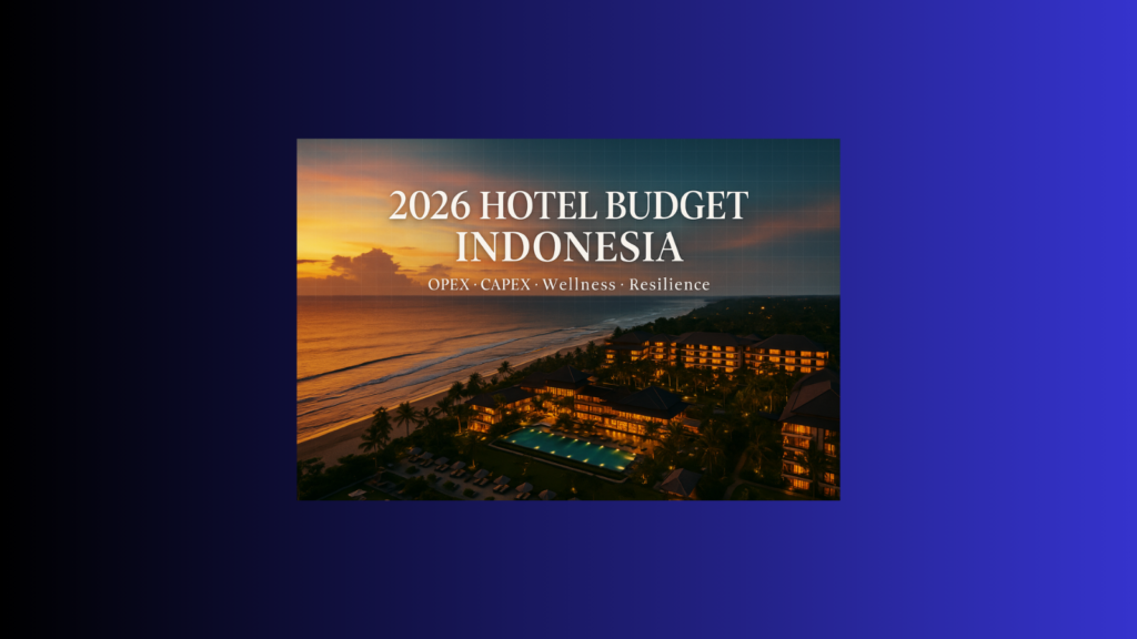 2026 hotel budget Indonesia – Bali luxury resort at sunset with Excel spreadsheet overlay highlighting OPEX CAPEX wellness resilience