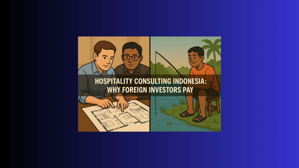 Hero image showing foreign investor hiring hospitality consulting Indonesia while local owner hesitates.