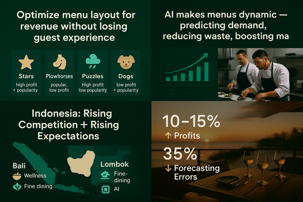 Infographic explaining menu engineering in luxury hospitality with four categories: Stars, Plowhorses, Puzzles, and Dogs.