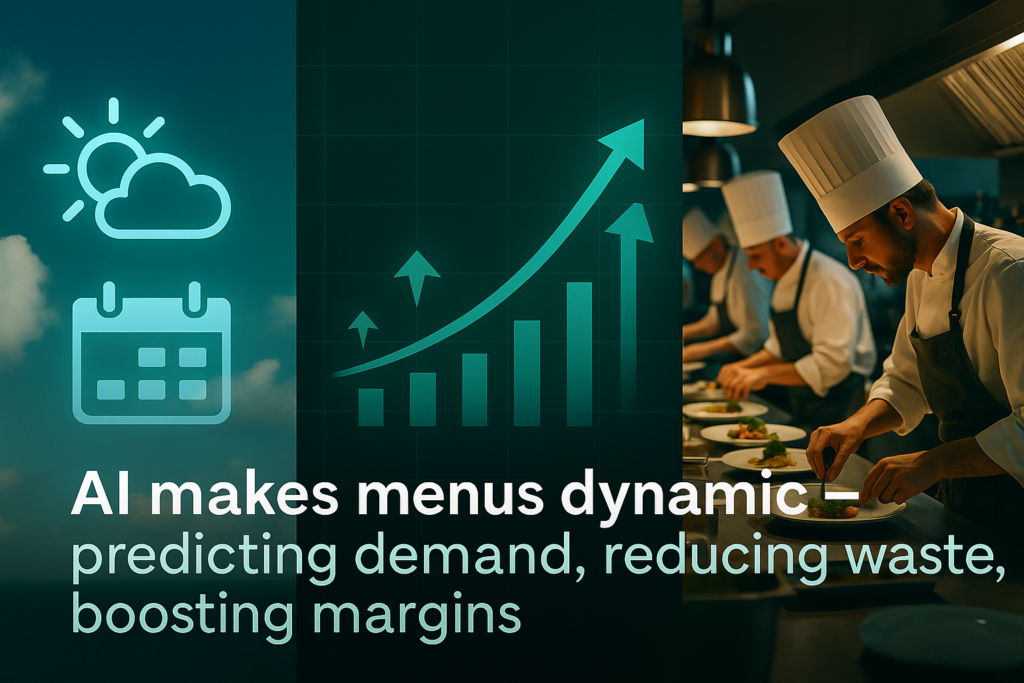 Visual collage showing AI forecasting in hospitality with weather icons, events calendar, predictive chart, and chefs preparing dishes.