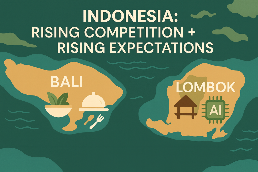 Map infographic of Bali and Lombok highlighting wellness dining in Bali and eco-resorts with AI forecasting in Lombok.