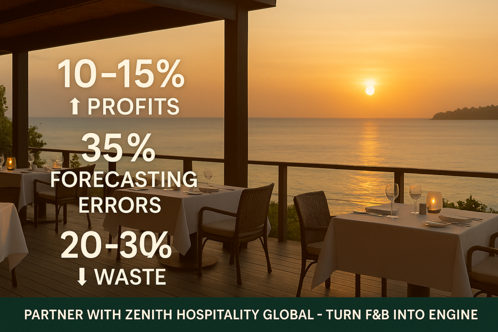 Infographic with ROI statistics for F&B profit systems in luxury hospitality, showing higher margins, lower errors, and reduced waste, with CTA to partner with Zenith Hospitality Global.
