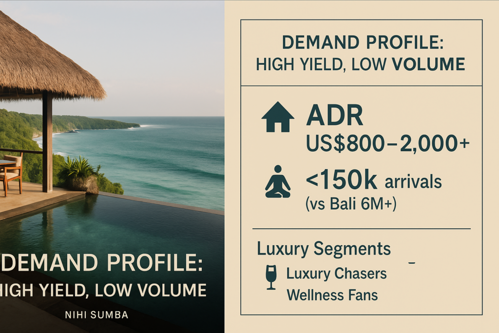 Split visual of a NIHI Sumba luxury villa and infographic with ADR US$800–2,000+, fewer than 150k arrivals versus Bali’s 6M+, and luxury demand segments including Luxury Chasers and Wellness Fans — illustrating Sumba hospitality investment potential.