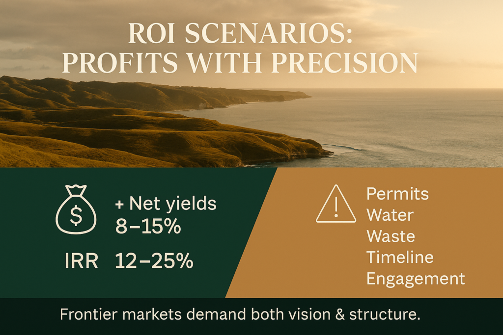 Investor infographic over a cinematic coastal land plot in Sumba showing ROI scenarios (net yields 8–15%, IRR 12–25%) and risks (permits, water, waste, timeline, engagement), emphasizing balanced Sumba hospitality investment insights.