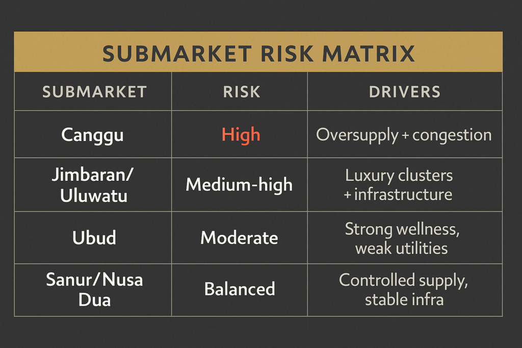 Table of Bali submarket risks in the real-estate bubble.