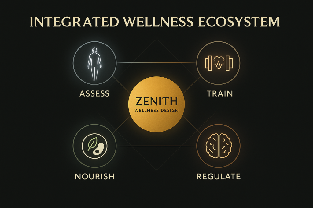 Infographic of Zenith’s four-pillar integrated wellness ecosystem.