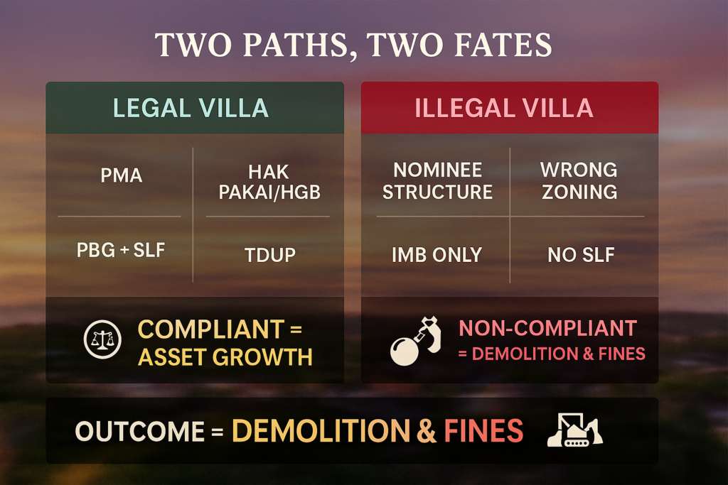 Infographic comparing legal vs illegal villas in Bali.