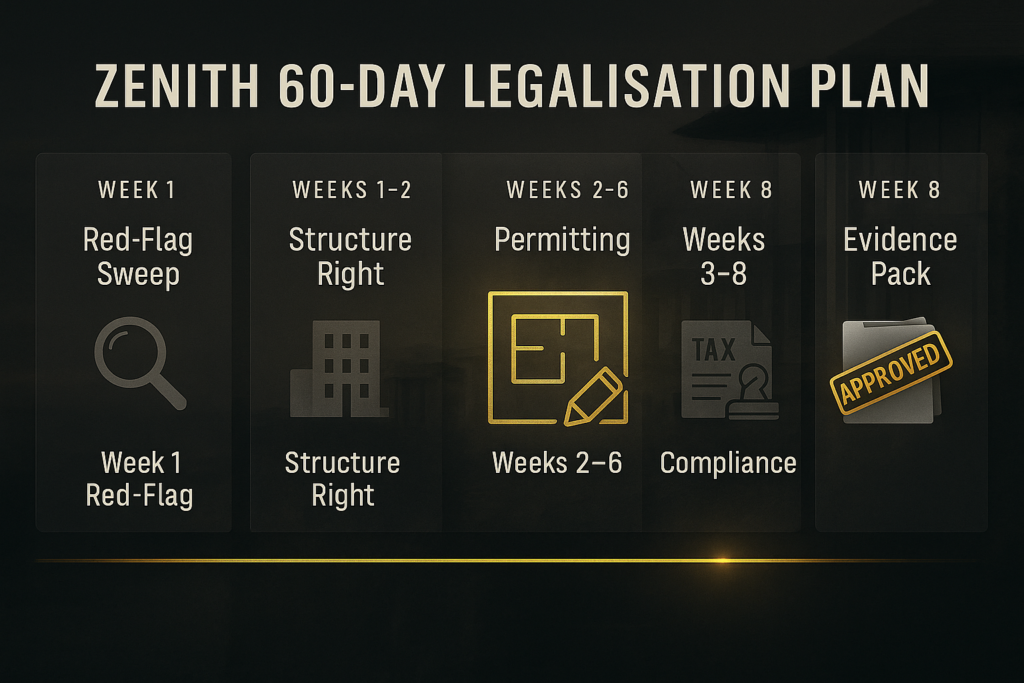 60-day villa legalisation plan infographic timeline.