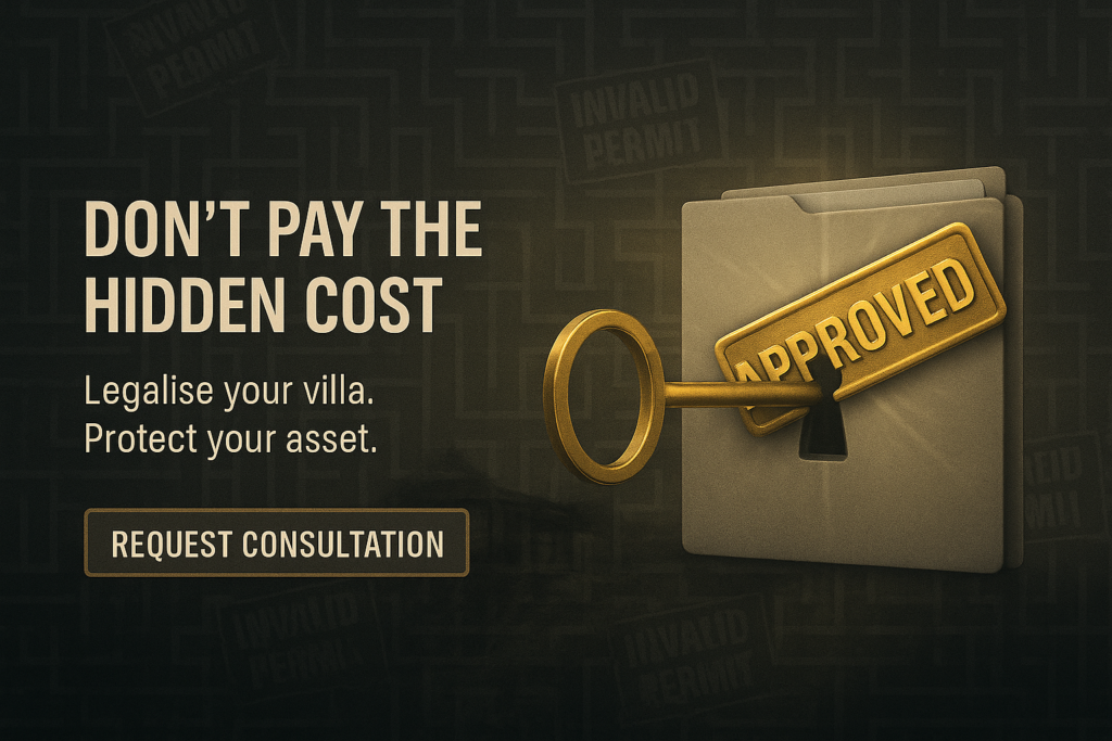 Call-to-action banner on legalising villas in Bali.
