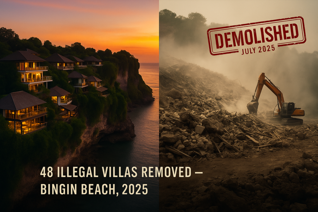 Bingin Beach villa demolitions Bali 2025 split view.