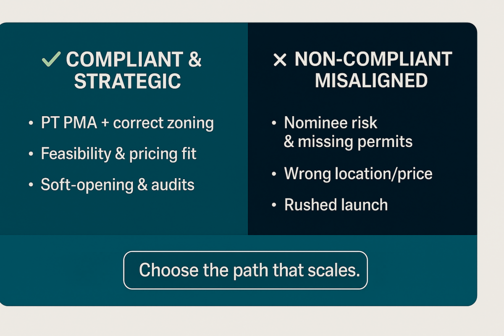 Compliant and strategic venture vs non-compliant misaligned venture in Bali