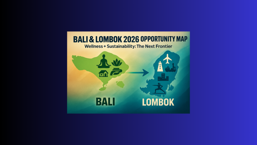 Map of Bali and Lombok 2026 opportunity showing wellness retreats, eco-resorts, SEZ and infrastructure projects.