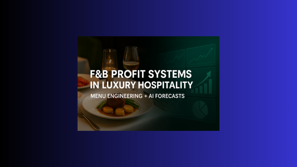 Hero graphic showing a luxury dining setup on the left and an AI data dashboard on the right, symbolizing F&B profit systems in luxury hospitality.