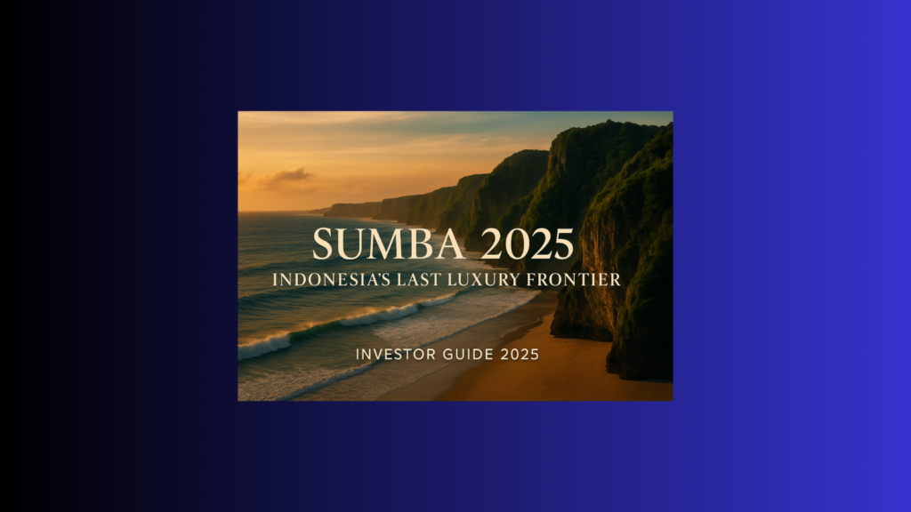 Panoramic view of Kodi Beach cliffs in Sumba at sunset with overlay text “Sumba 2025: Indonesia’s Last Luxury Frontier – Investor Guide,” highlighting Sumba hospitality investment opportunities.