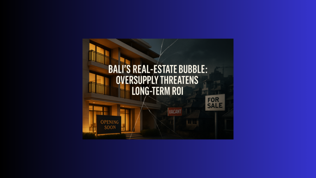 Hero visual of Bali’s real-estate bubble showing luxury build-up versus oversupply risks.