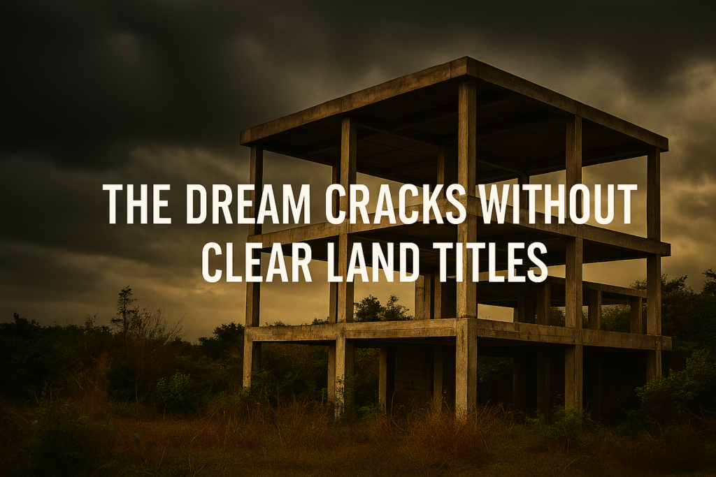 Cinematic unfinished resort structure in Lombok with storm clouds, symbolizing frontier market pitfalls in land titles and zoning.
