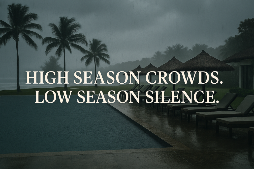 Cinematic resort pool in Lombok under heavy rain with empty lounge chairs, symbolizing frontier market pitfalls in seasonality and demand.