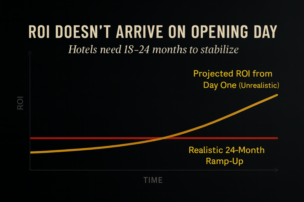 Hospitality ROI miscalculations ramp-up vs flat projection graph