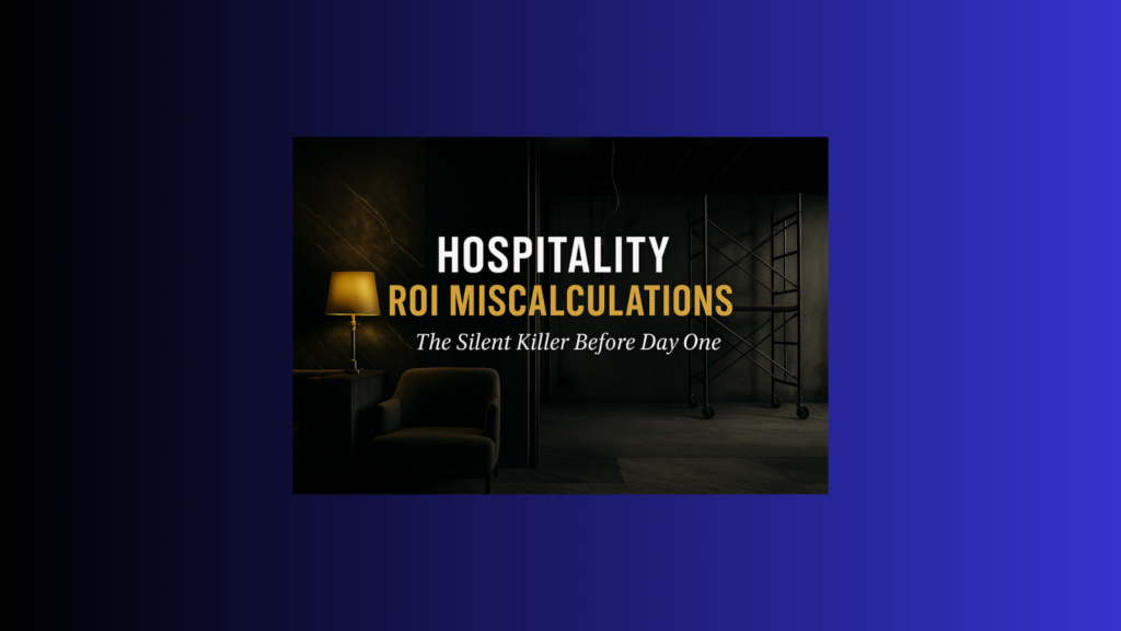 Hospitality ROI miscalculations visual with unfinished hotel lobby and text overlay