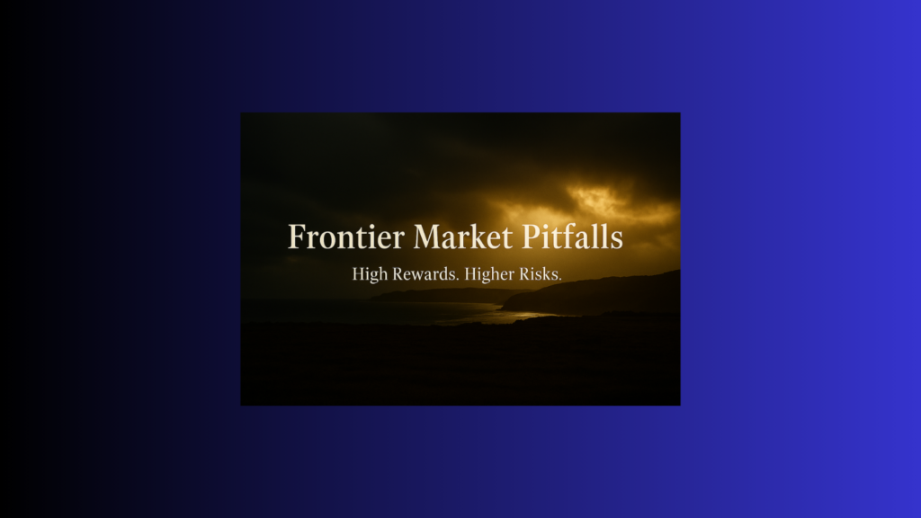 Cinematic panoramic of Lombok coastline with golden sun through storm clouds, untouched land in foreground, text overlay ‘Frontier Market Pitfalls: High Rewards. Higher Risks.’