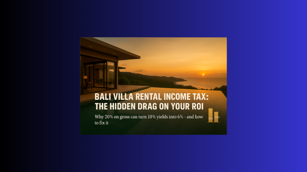 Cinematic Bali villa with infinity pool at sunset, with faint tax percentages overlaid on the water, symbolising hidden villa rental taxes affecting ROI.