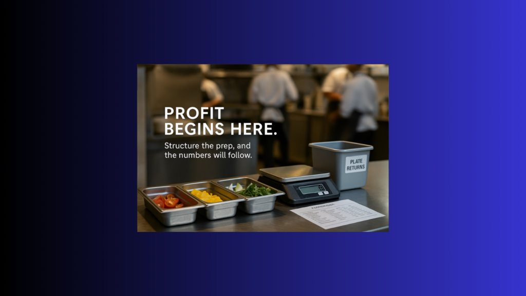 Hotel F&B profitability visual showing disciplined mise en place with scale and labeled waste-return bin before service.