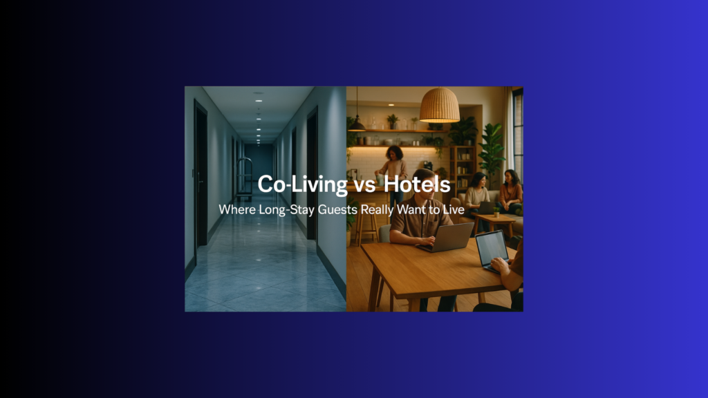 Editorial split-screen of co-living vs hotels, with a quiet hotel corridor beside a vibrant co-living lounge for long-stay guests.