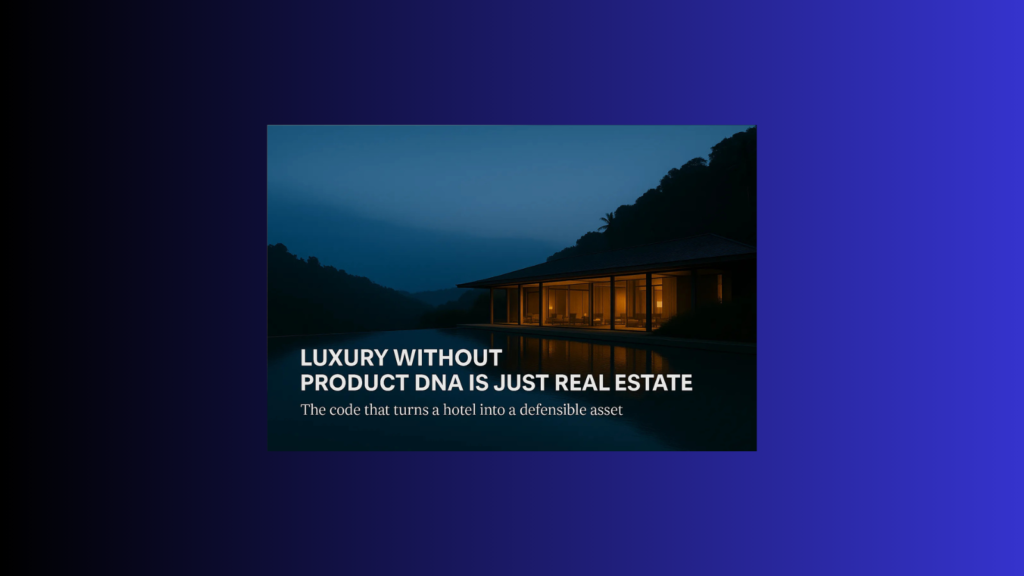 Luxury hillside resort at blue hour showing calm, minimalist architecture that reflects strong hotel product DNA.