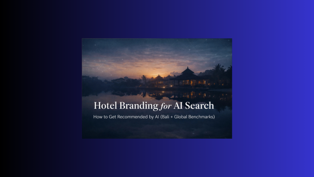 Hotel branding for AI search — calm luxury resort scene with subtle AI motif illustrating AI-driven hotel discovery.